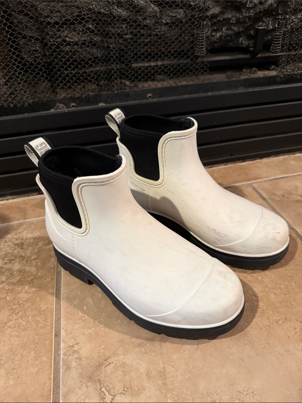 UGG White Chelsea Rain Booties with Black Elastic Trim